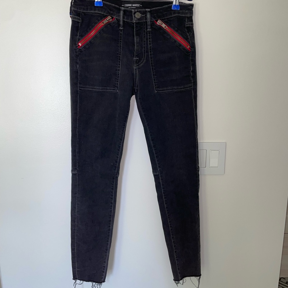 Charcoal jeans with a pop of red